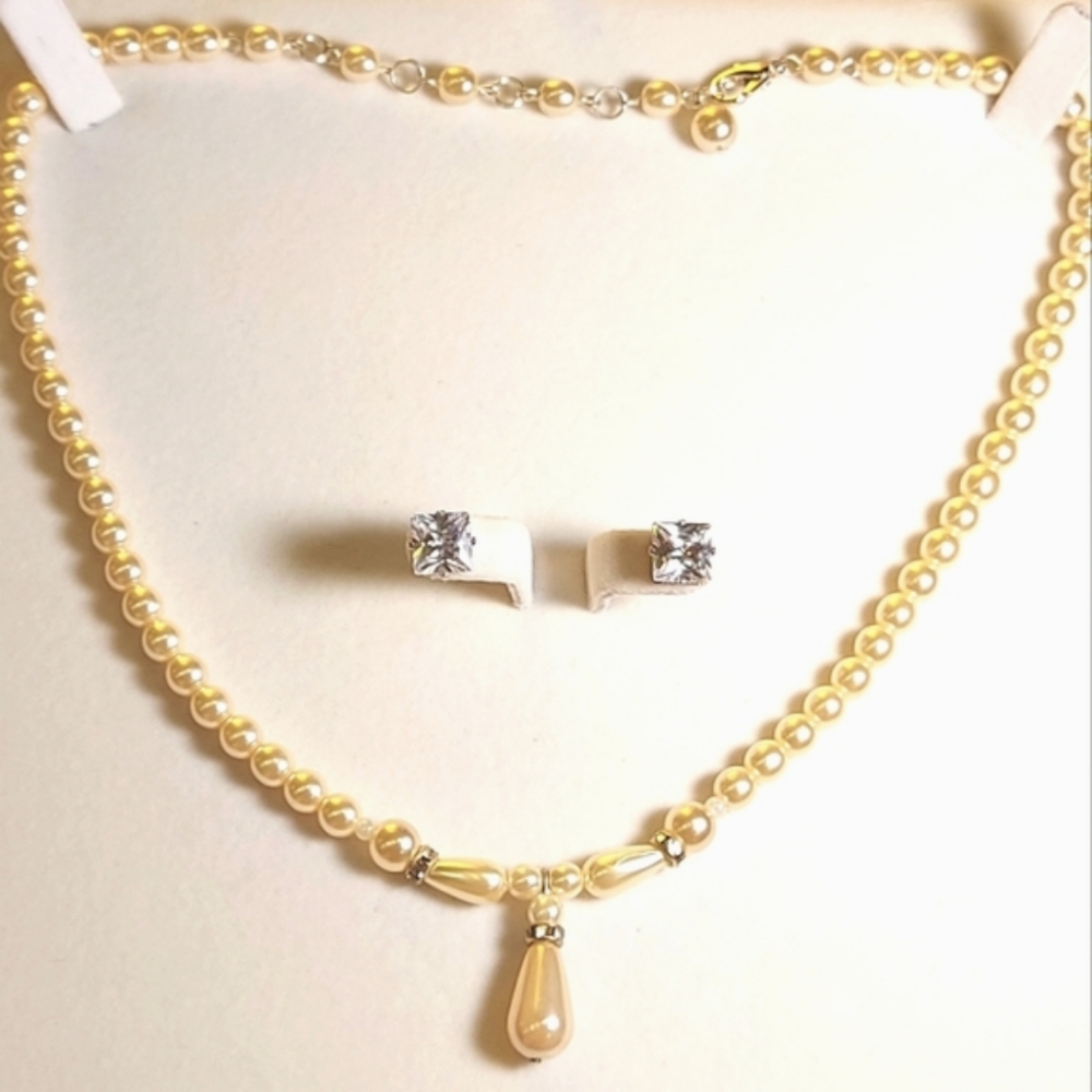Vintage Pearl Crystal Necklace & New Cubic Zirconia Earrings